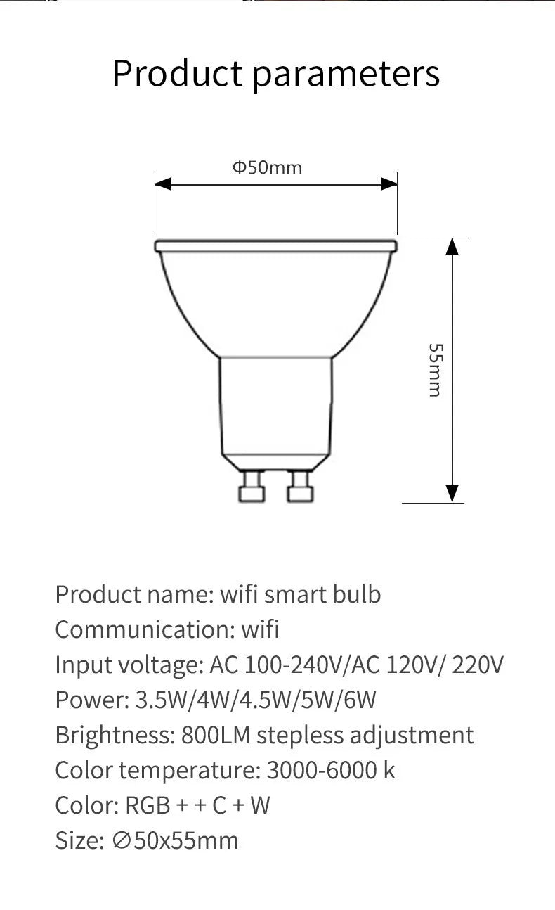 GU10 smart LED spotlight with RGBCCT colours and WiFi connectivity for voice control