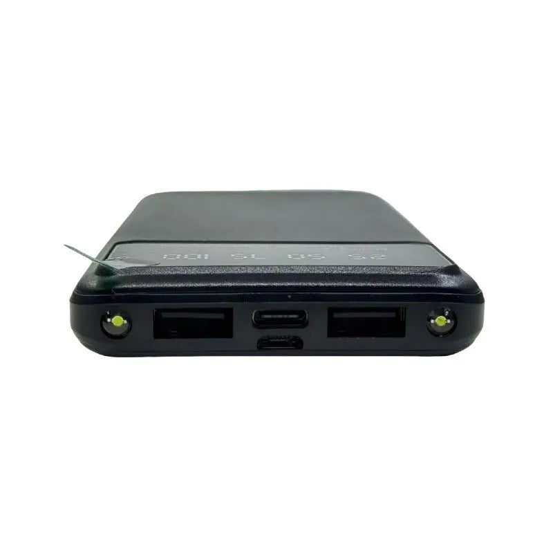 Black ultra-thin power bank showing compact 67x14x140mm dimensions with 10000mAh capacity display