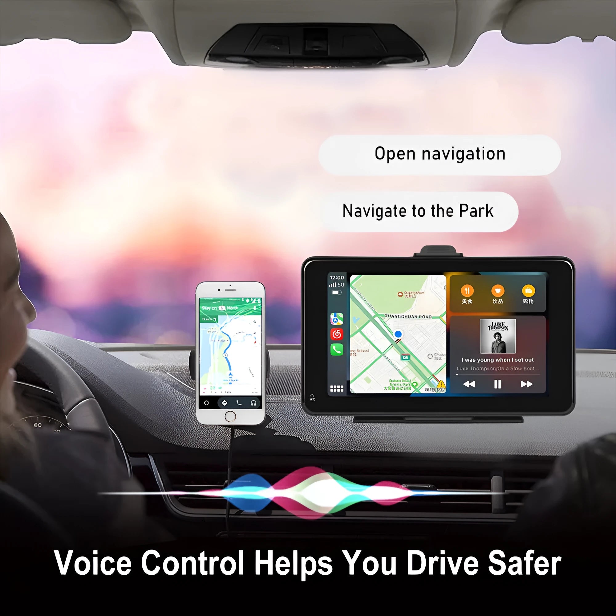 7-inch HD wired car multimedia player with universal suction cup and vertical mounting brackets on a dashboard.