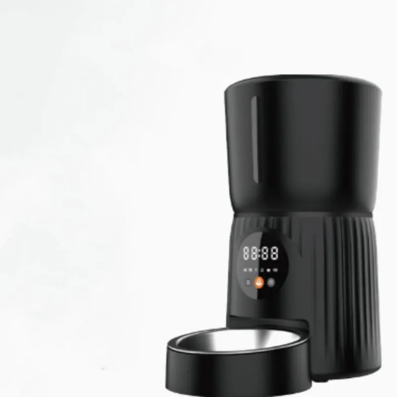 Black and white intelligent pet feeder with automatic timing and remote feeding functions