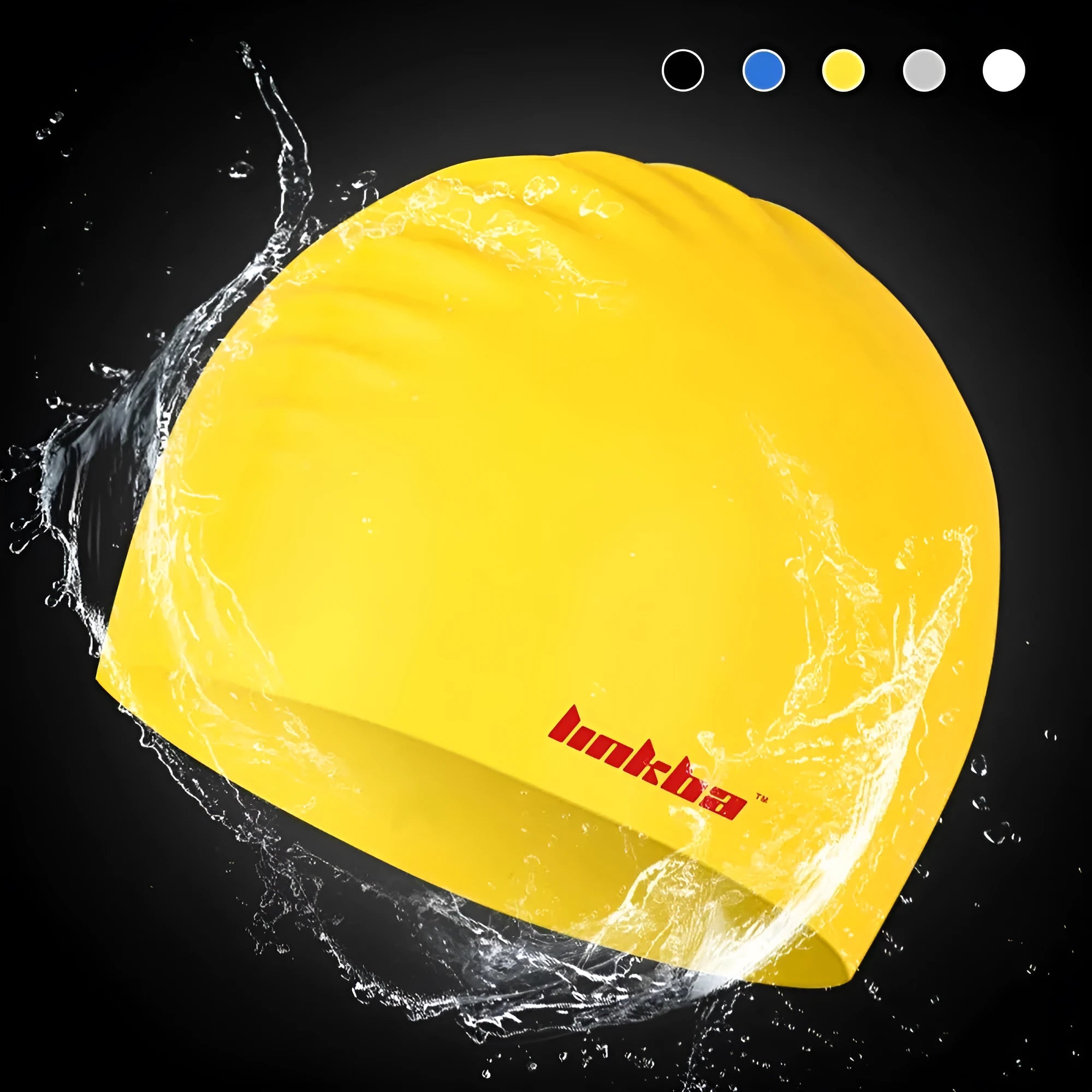 Silicone swimming cap with letter pattern in one of five colours: black, white, yellow, blue, or grey.