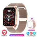 Smart watch with colour screen showing health stats, with black mesh strap on wrist.