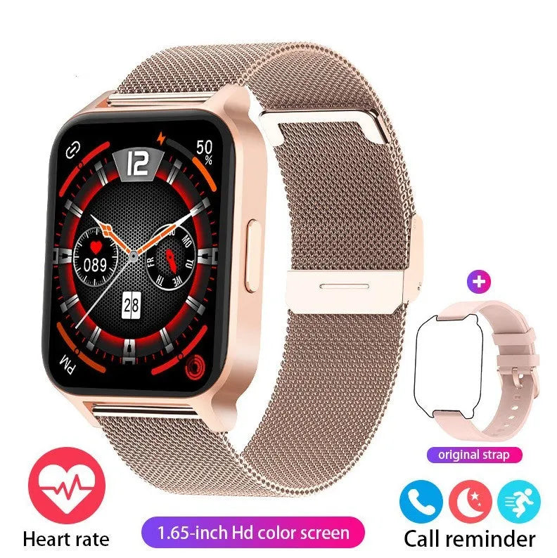 Smart watch with colour screen showing health stats, with black mesh strap on wrist.