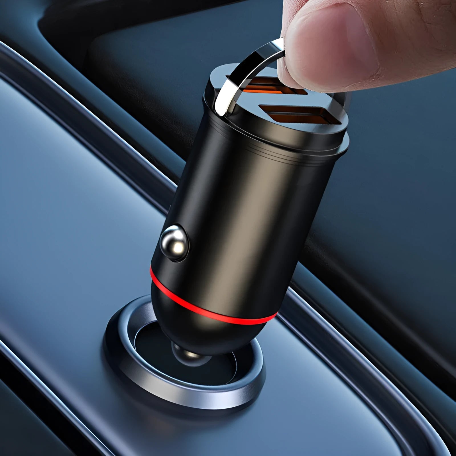 Black 200W car charger with zinc alloy construction measuring 38mm