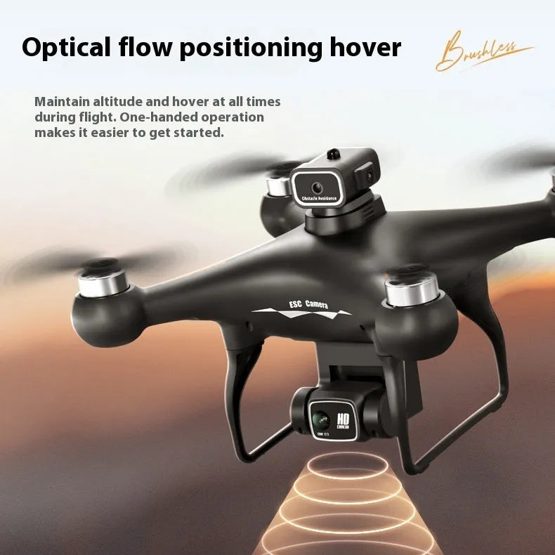 Black HD brushless UAV drone with four-side obstacle avoidance and camera, remote control beside it