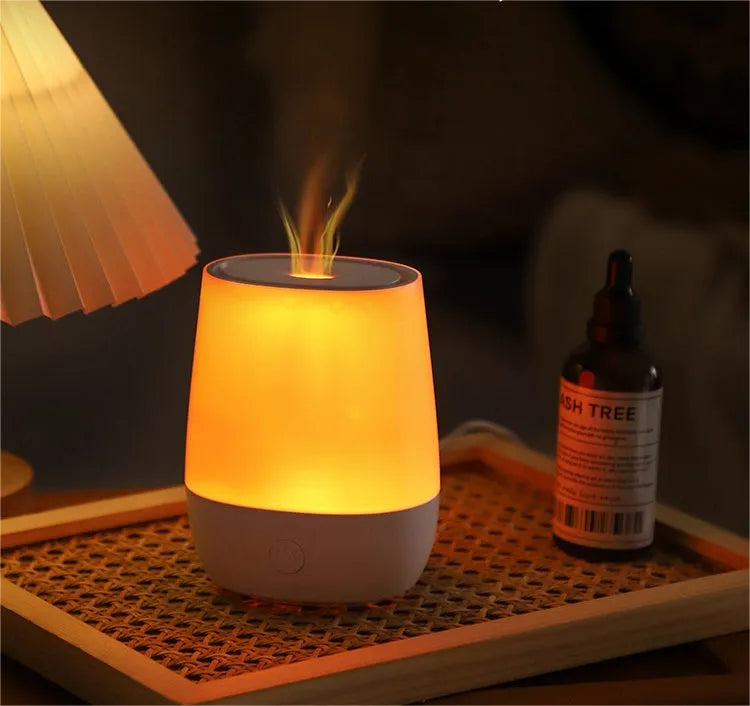 White mini USB flame humidifier aromatherapy machine with LED flame simulation effect