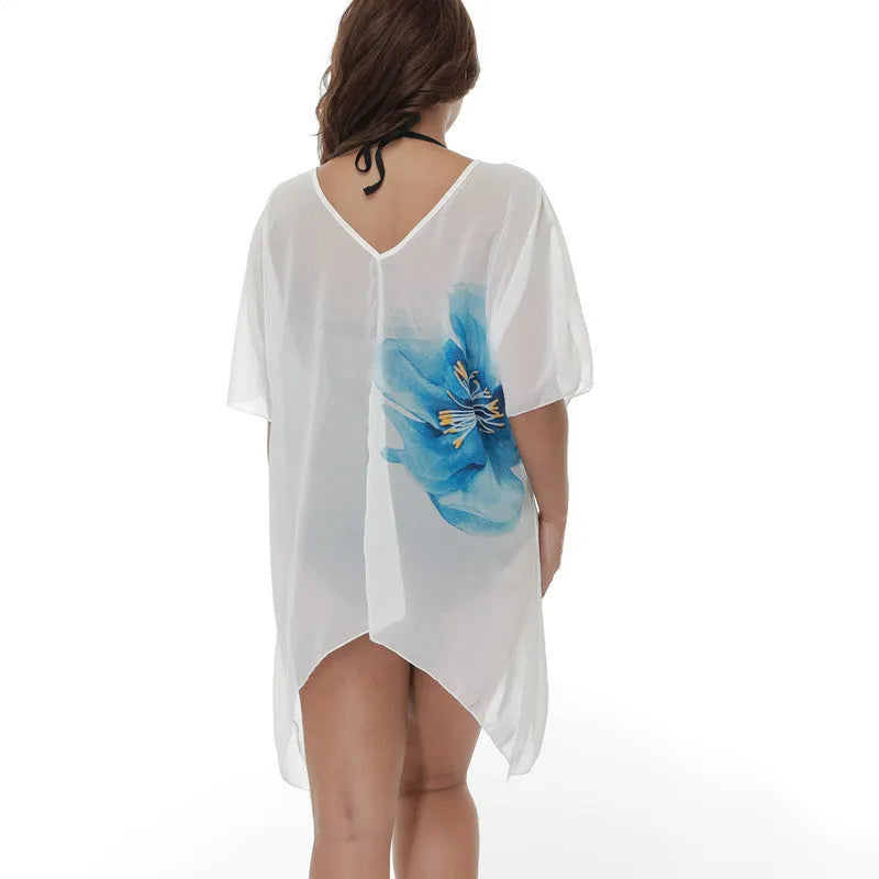White long sleeve plus size beach cover-up blouse, loose fit kimono style, on a mannequin.