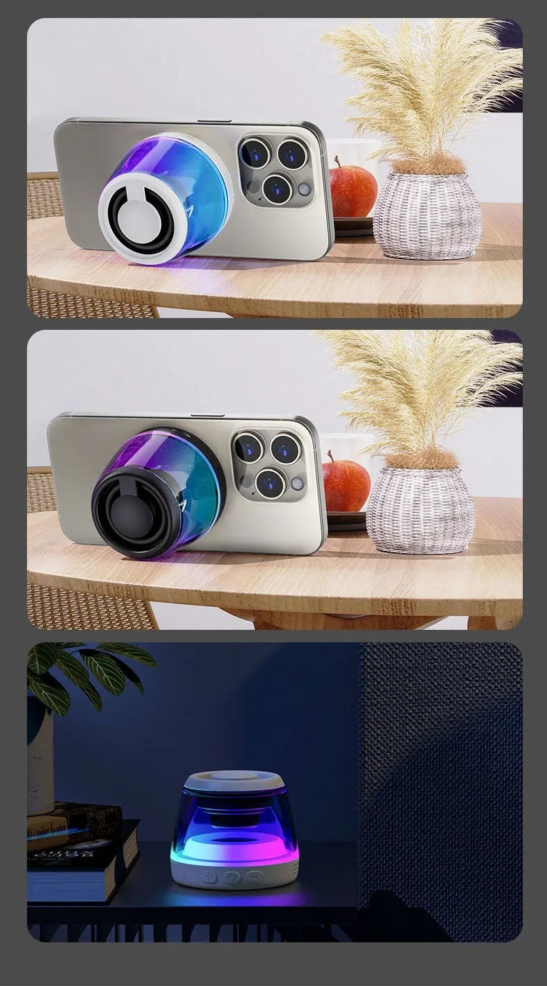 White portable Bluetooth speaker with magnetic base and ambient light on a metal surface.