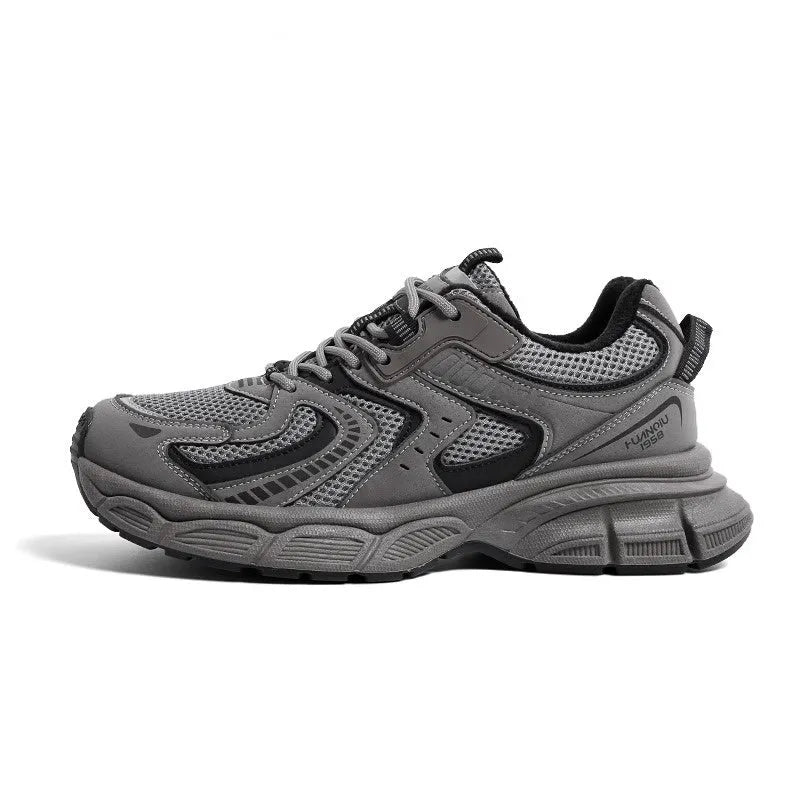 Gray low-top casual platform sneakers with leather stitching on a mesh upper and a light EVA sole.