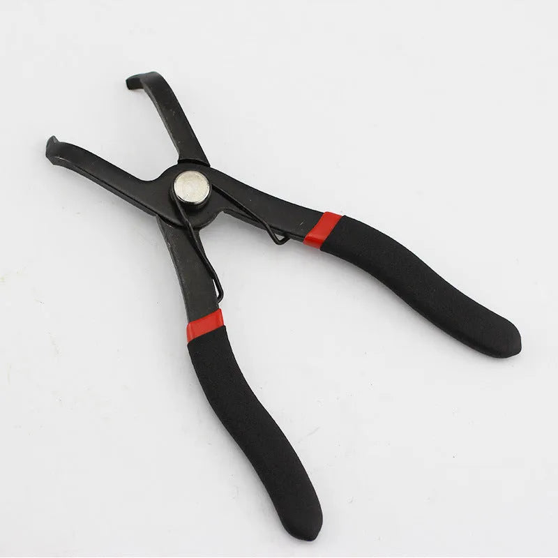 Red interior round nail removal pliers with PVC handles, showing jaw opening for fastener extraction.