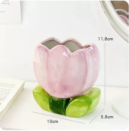 Ceramic flower pen holder storage box with floral pattern in blue, pink, or purple designs