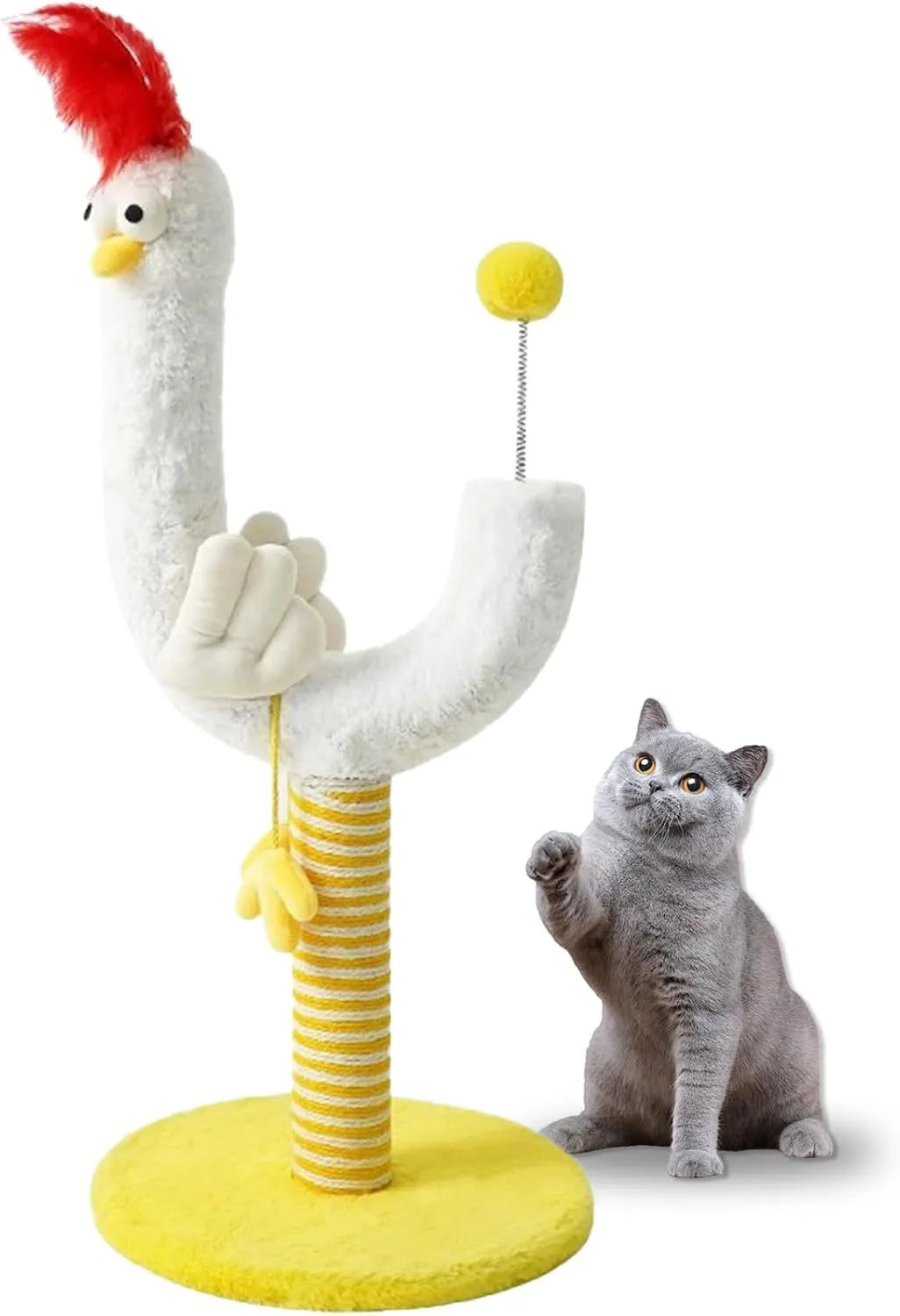 Yellow U-shaped sisal cat scratching post 35x35x88cm with spring ball toy and solid wood base for indoor cats.
