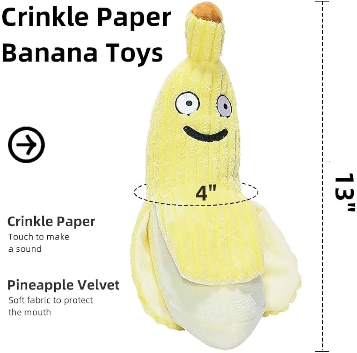 Yellow banana-shaped cat toy measuring 13 inches with plush fabric and crinkle paper sound feature