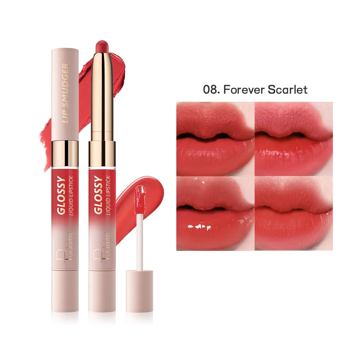 Double-headed lipstick and lip gloss product showing matte colour and gloss components