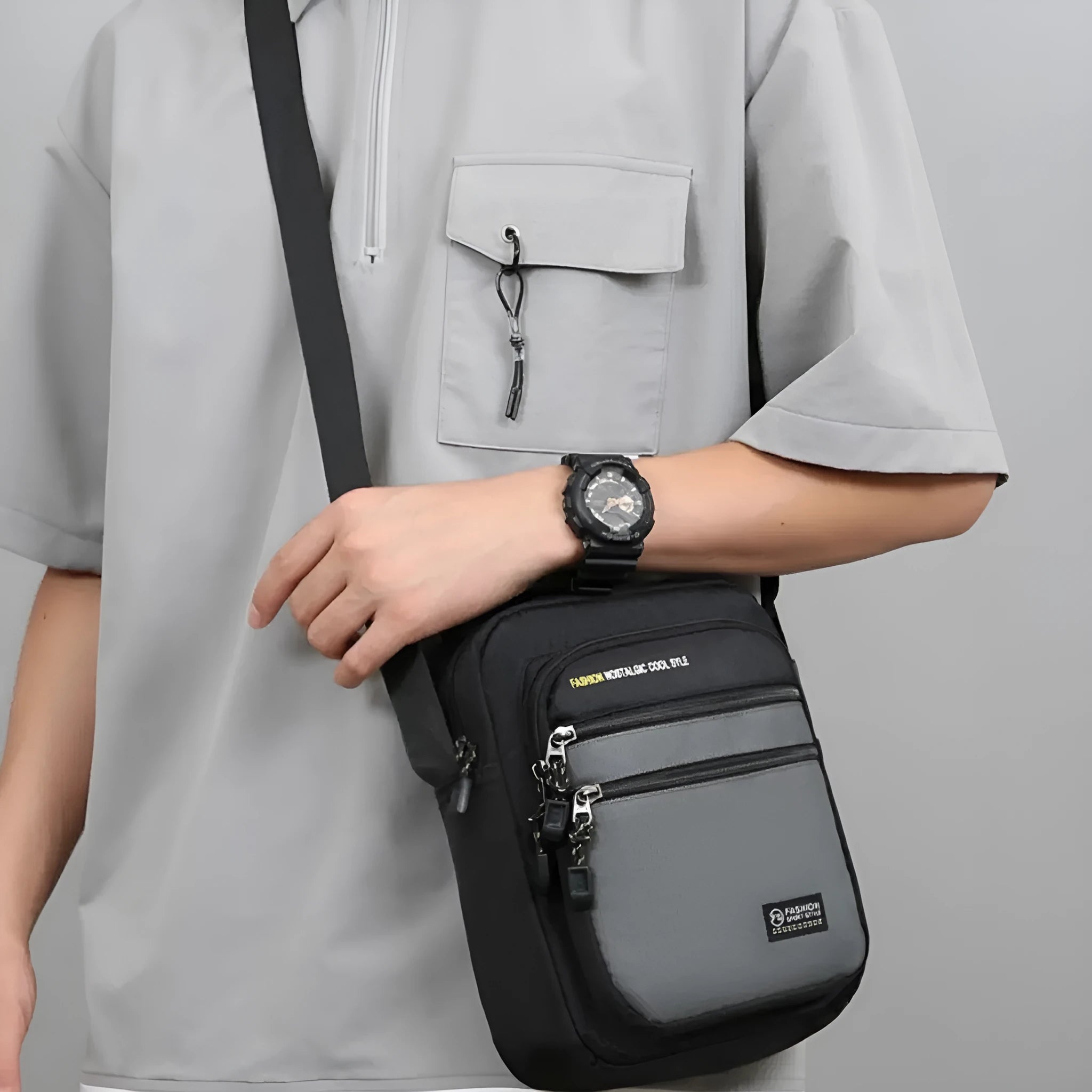 Men's solid colour nylon crossbody bag with adjustable shoulder strap in urban simplicity style.