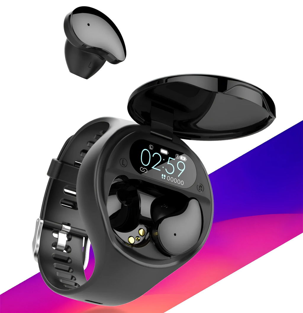 Black detachable smart watch and Bluetooth earphone combo for fitness tracking and calls.