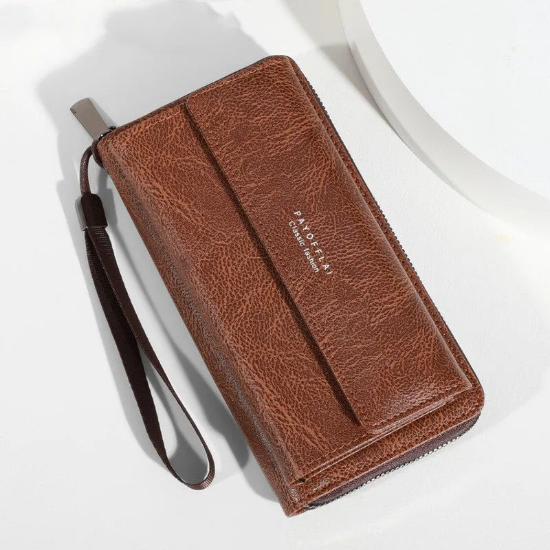 Men's black PU leather long wallet with multiple card slots, shown closed with slim profile.