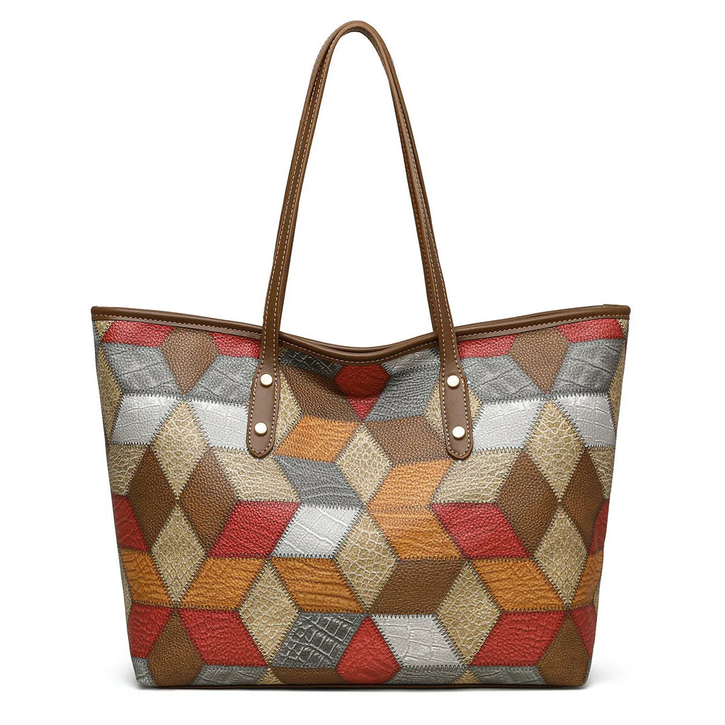Women's large capacity PVC shoulder handbag in blue brown colour with sandwich pocket design