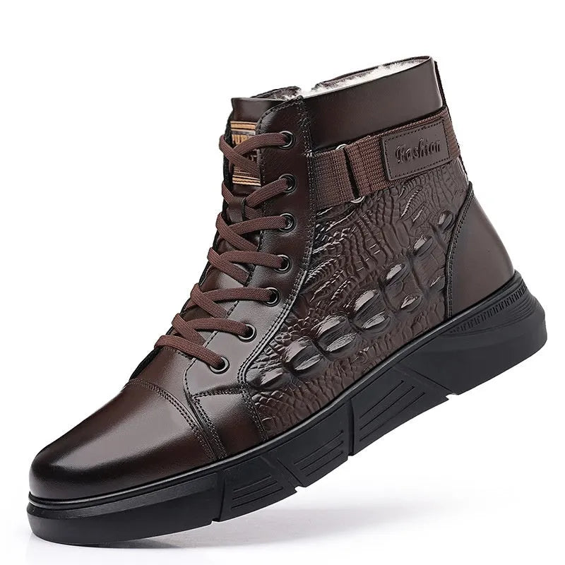 Black and brown genuine leather snow boots with fur lining, round toes, and lace-up fronts on a rubber non-slip sole.