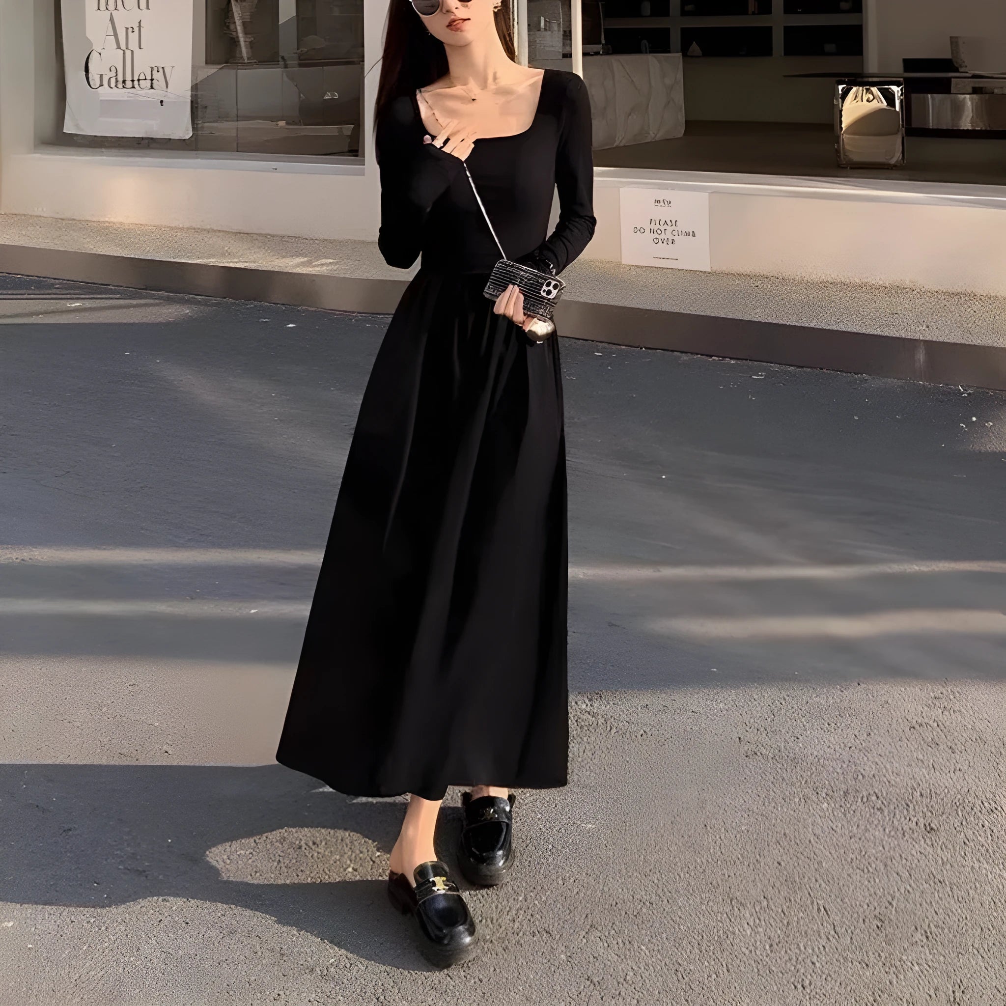 Women's black square collar knitted dress with elastic waist and A-line long skirt