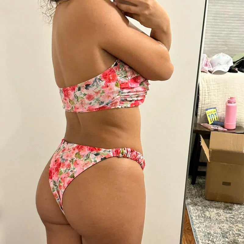 Women's printed floral tube top bikini with lace detailing in blue, pink, yellow or multicolour options