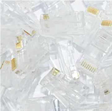 White network modular plug showing three-fork gold-plated contacts and all-copper insert construction