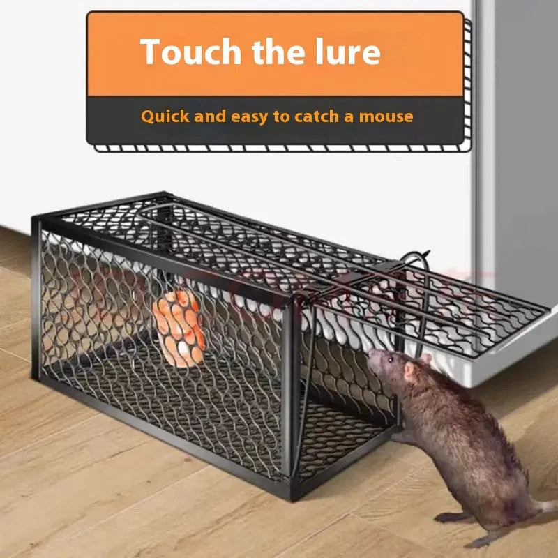 Automatic mouse trap cage in metal and plastic construction for indoor rodent control