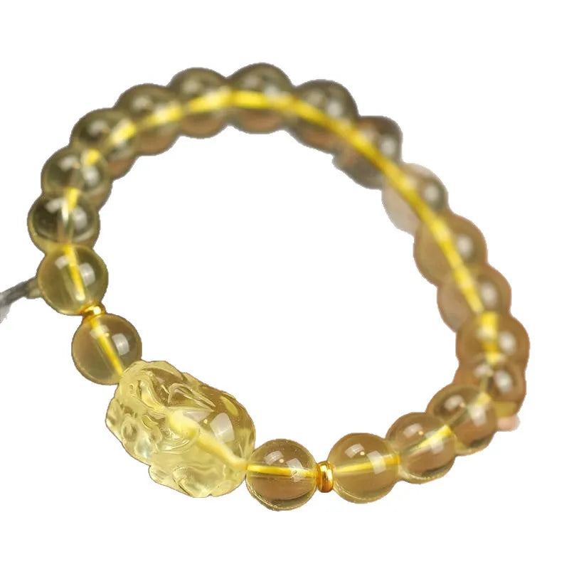 Yellow leather bracelet with artificial crystal Pi Xiu charms in Chinese national style