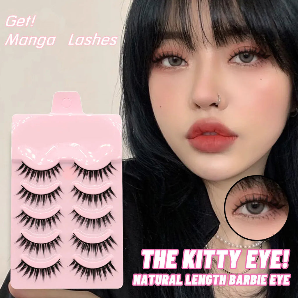 Five pairs of wispy manga-style false eyelashes on a plastic black terrier base for cosplay.