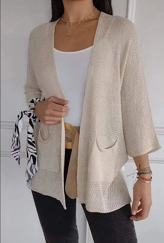 Women's waffle texture cardigan coat with nine-quarter sleeves in army green colour