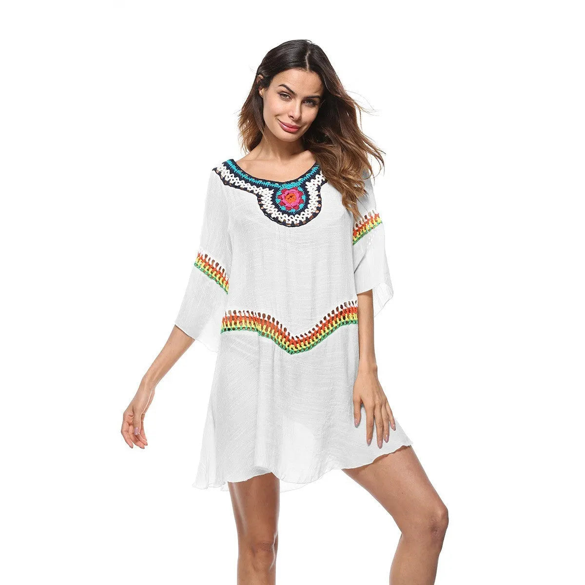 Woman's ethnic crochet beach cover-up top in apricot colour, free size, for sun protection.