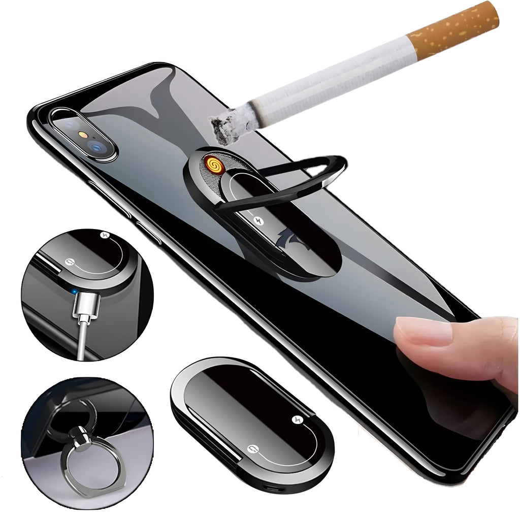 2 in 1 USB plasma lighter and mobile phone holder in aluminium alloy, black ice colour, with ring buckle and USB charging cable