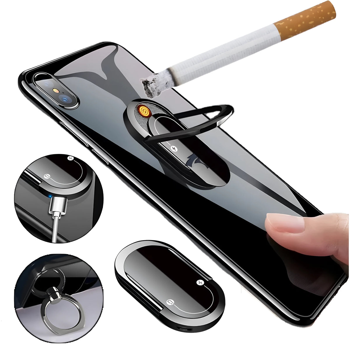 2 in 1 USB plasma lighter and mobile phone holder in aluminium alloy, black ice colour, with ring buckle and USB charging cable