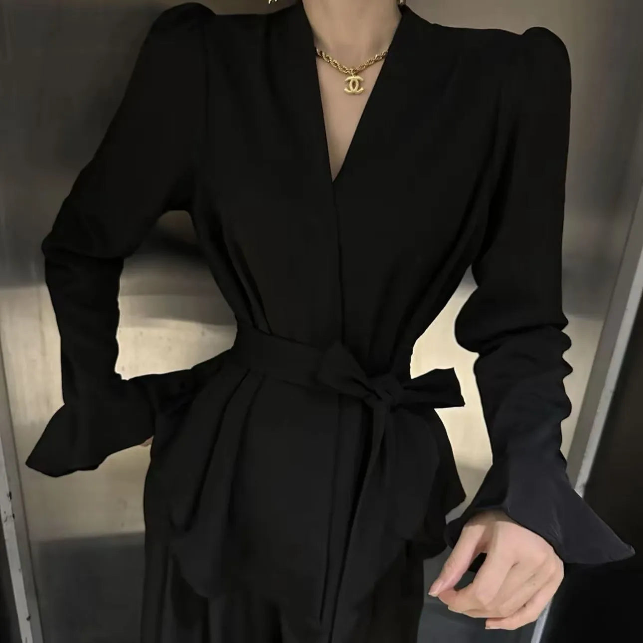 Women's French-style irregular collar long sleeve tied shirt with bell sleeves in polyester fabric