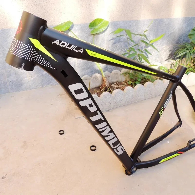 Black green 29-inch aluminium mountain bike frame with internal cable routing and disc brake mounts
