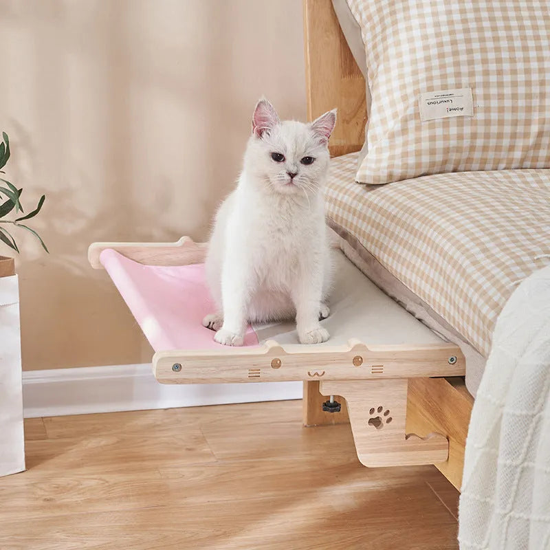 Wooden cat hanging bed hammock with fabric cushion in one of seven style designs