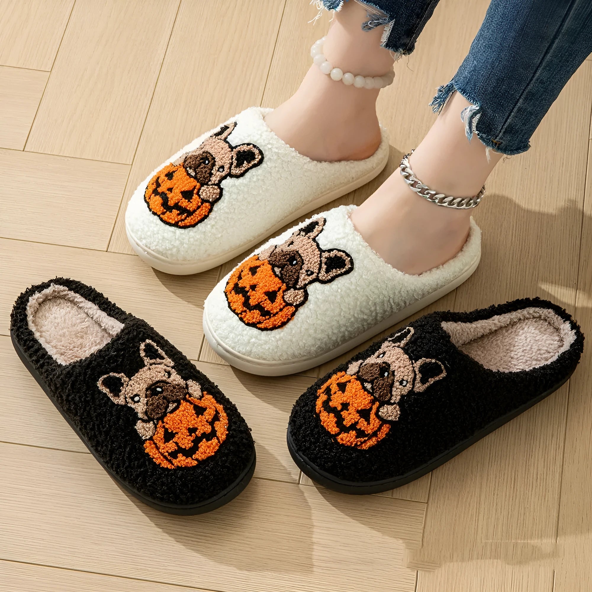Halloween pumpkin house slippers in black or white with plush velvet cotton upper and non-slip TPR rubber sole