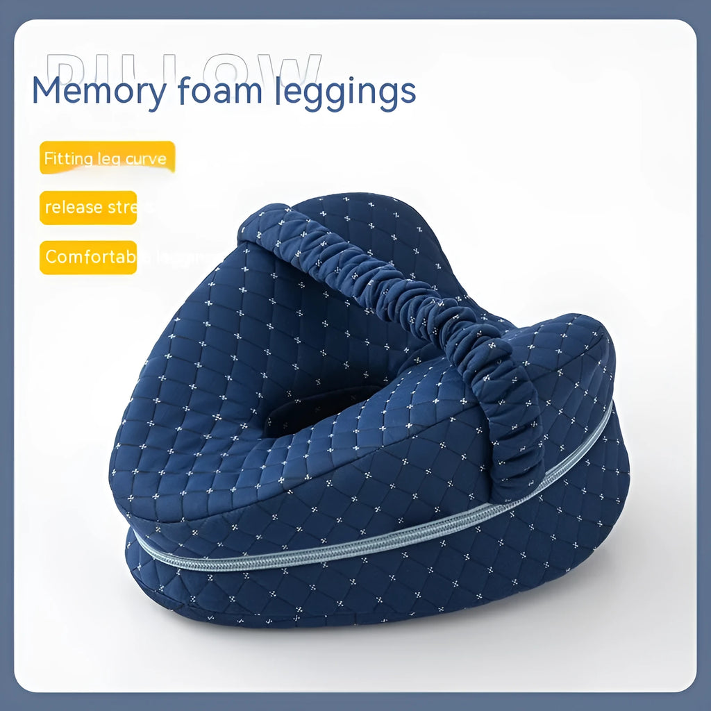 Love heart-shaped dark blue jacquard memory foam leg pillow for adult side sleepers.