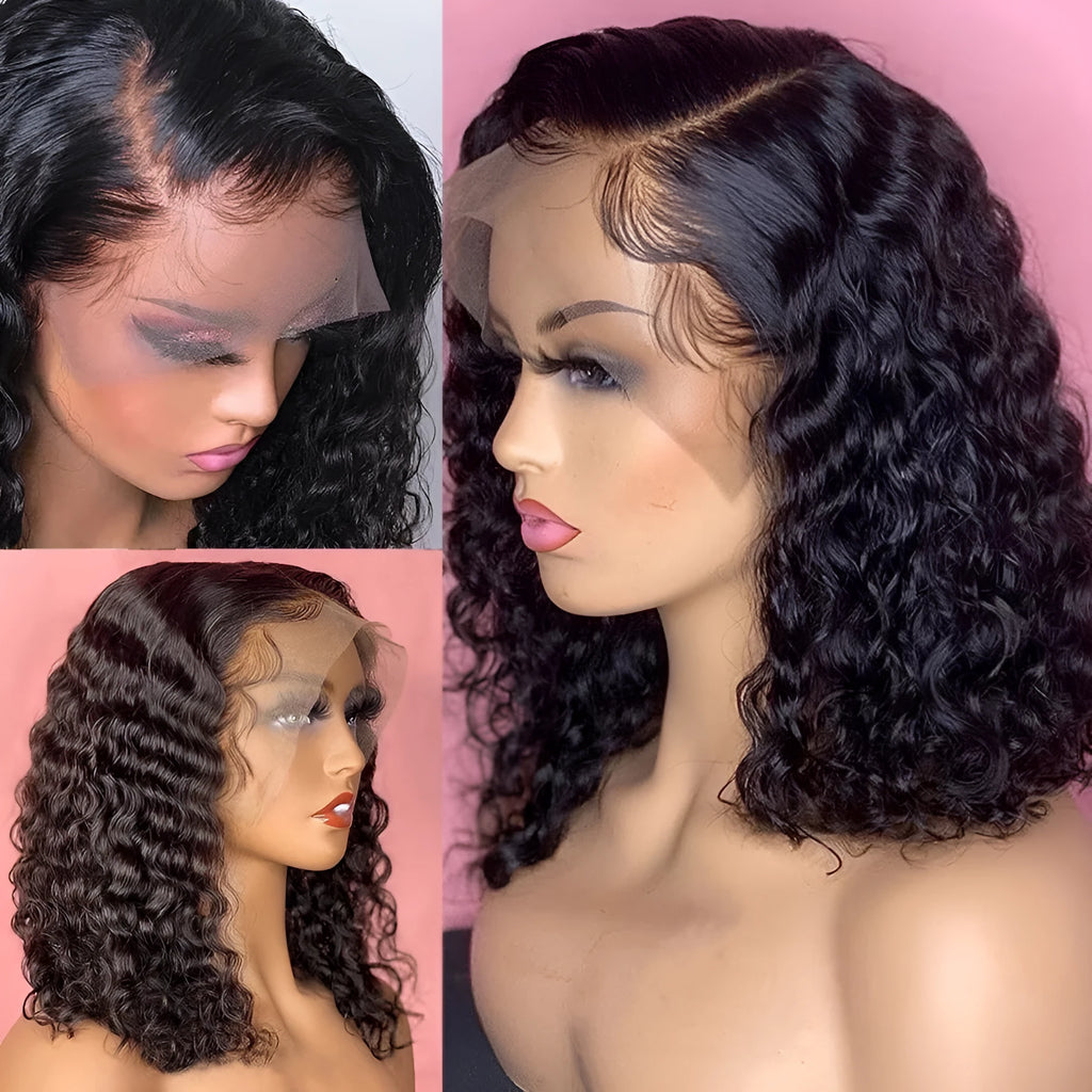 Black fluffy small curly front lace wig with long bangs, T-shaped lace, 8-16 inch lengths