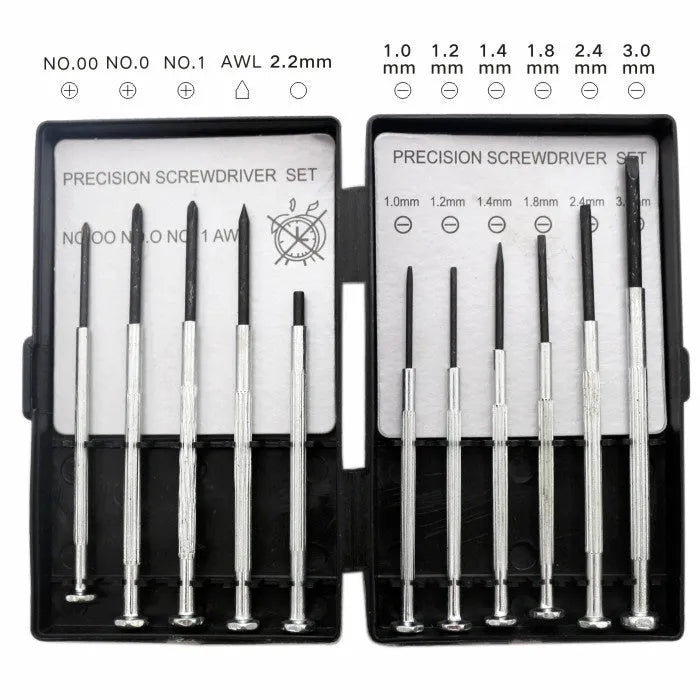 TH-6177 11 piece clock screwdriver set with cross and slotted bits on a grey background