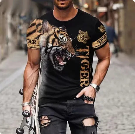 Men's grey t-shirt featuring a fierce 3D lion face print on the chest.