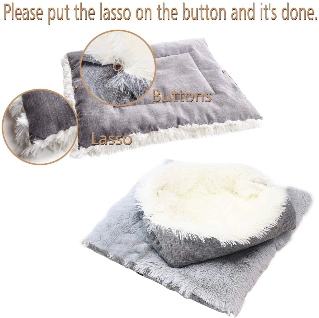 Grey pet plush sleeping pad measuring 61cm by 51cm with a black non-slip bottom.