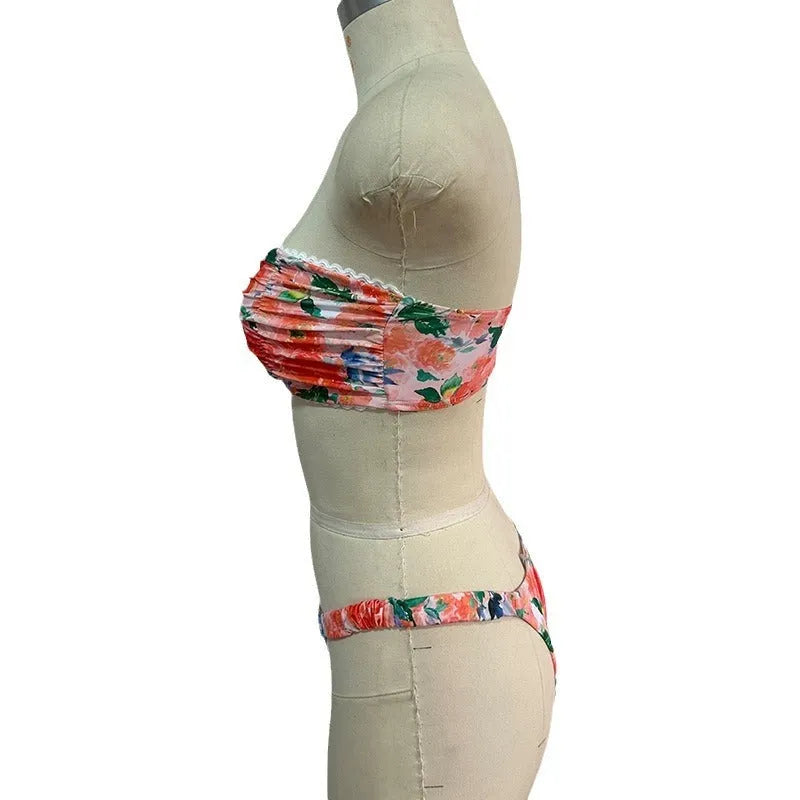 Women's printed floral tube top bikini with lace detailing in blue, pink, yellow or multicolour options