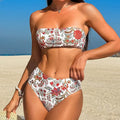 Women's printed bandeau swimsuit set with matching shorts in polyester fabric for swimming