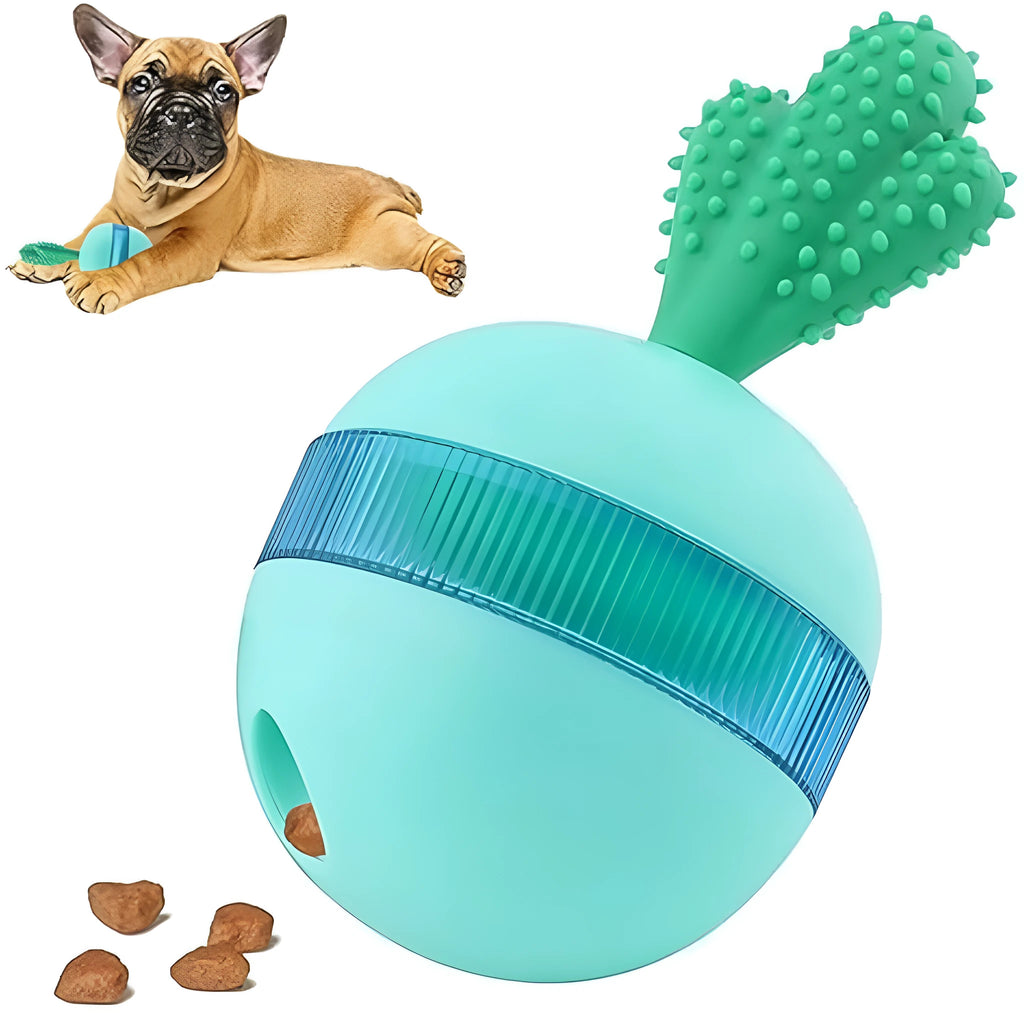 Blue durable rubber interactive dog treat dispenser ball with small leak holes