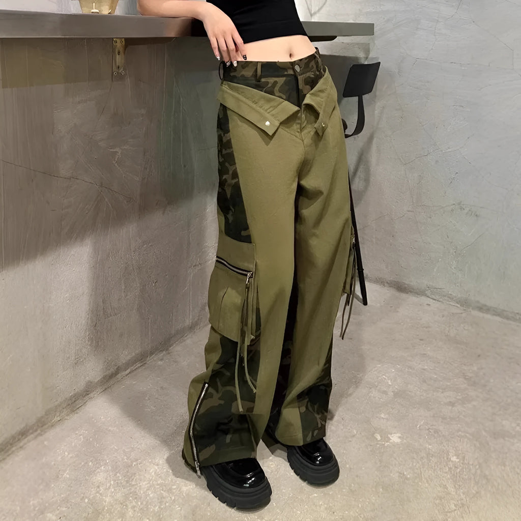 Dark khaki leopard print high waist straight leg denim trousers with contrast stitching detail.