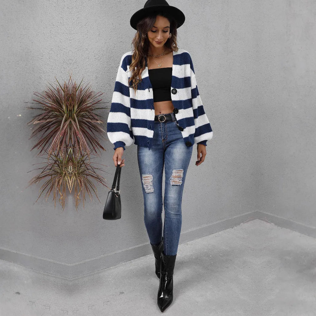 Women's striped button cardigan in deer plush fabric, shown in available colours.