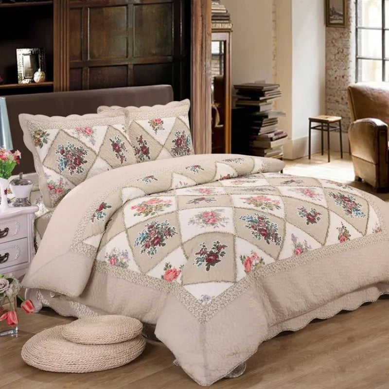 Pure cotton quilted bedspread and pillowcase three-piece set in a chosen colour pattern on a bed.