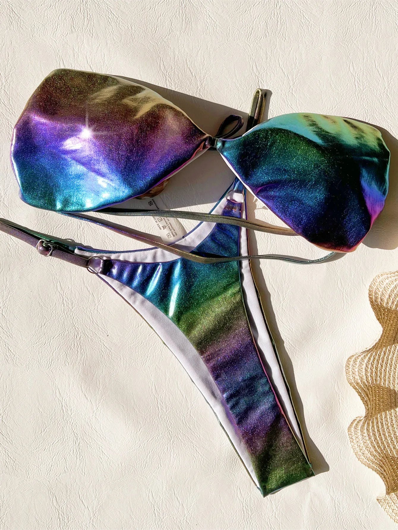 Women's gradient purple polyester bikini swimsuit set for swimming.