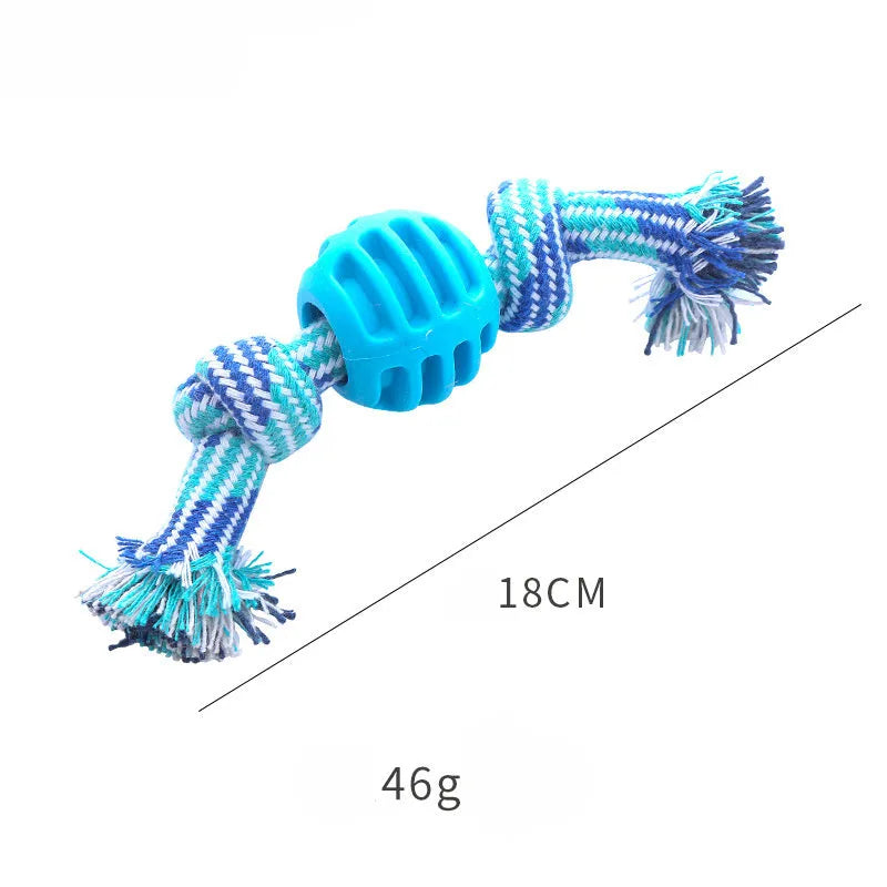 Blue molar-shaped dog chew toy with natural rubber rope attachment for dental cleaning